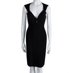 Preowned Herve Leger Black Bandage Front-Zip Bodycon Dress, Size Medium